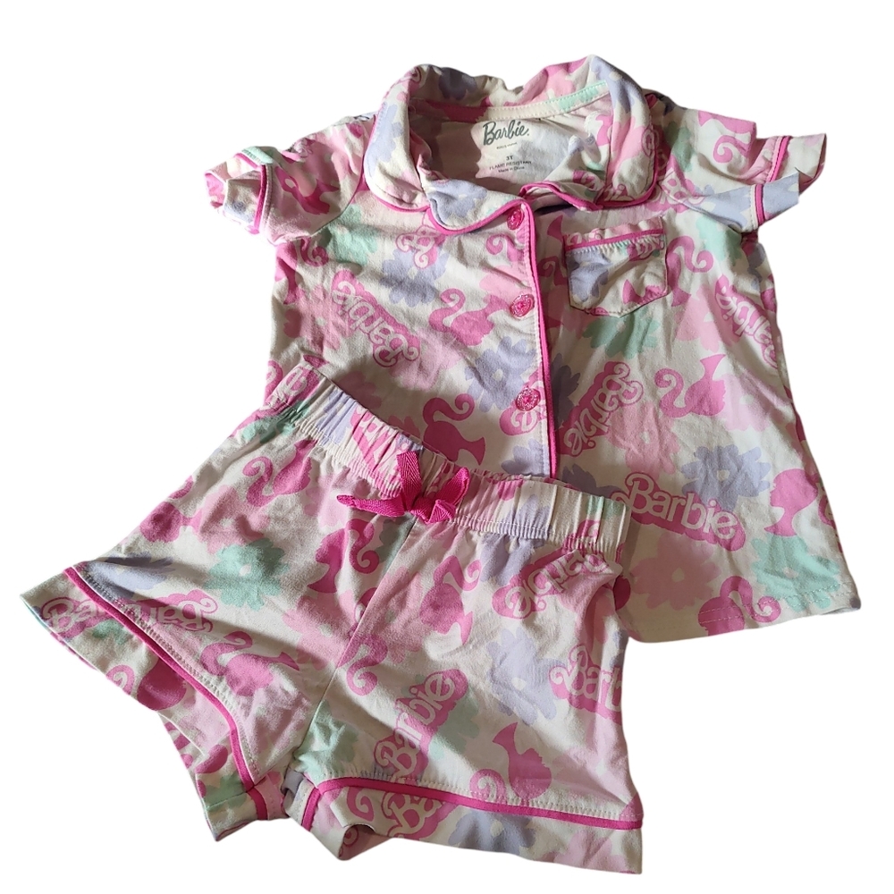 Mattel Barbie Print Kids Pajama Set - Pink and White 3T